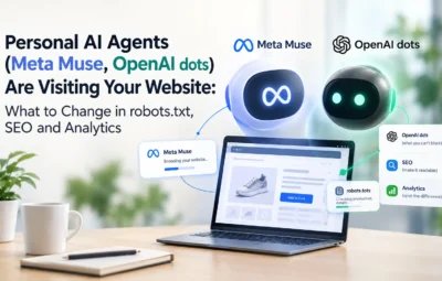 Personal AI agents Meta Muse and OpenAI dots browsing a website, highlighting robots.txt, SEO, and analytics optimization.