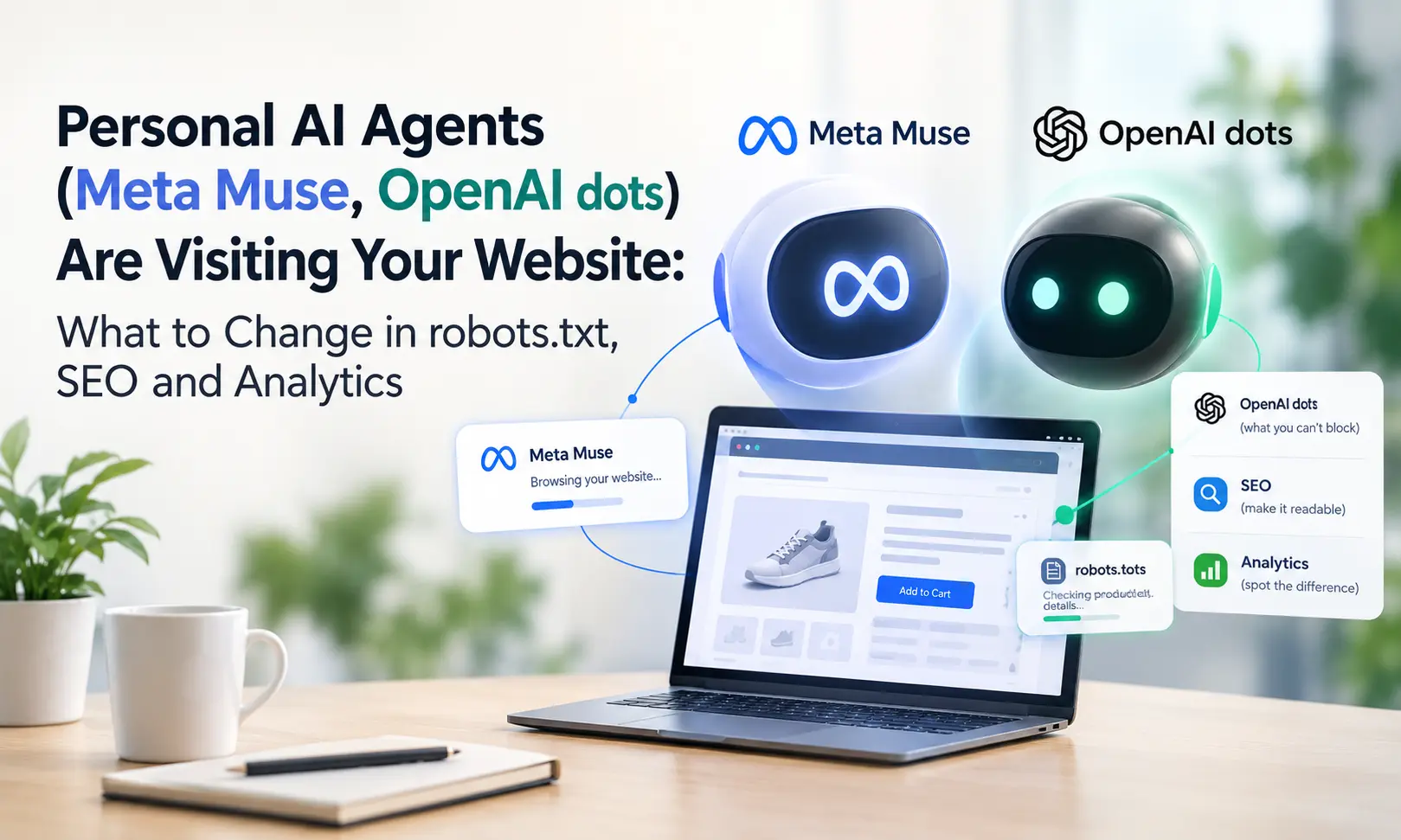 Personal AI agents Meta Muse and OpenAI dots browsing a website, highlighting robots.txt, SEO, and analytics optimization.