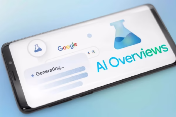 Illustration of AI-powered search results with a marketer analyzing SEO data on a screen, symbolizing adaptation to AI overviews.