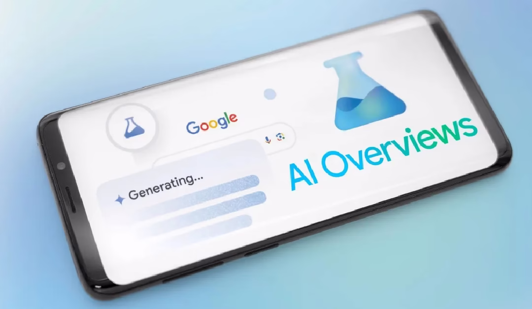 Illustration of AI-powered search results with a marketer analyzing SEO data on a screen, symbolizing adaptation to AI overviews.