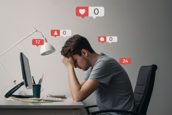 A frustrated young man struggling with low engagement on social media, with zero likes and comments. Social media marketing in Thrissur can help businesses avoid this situation and boost their online presence.