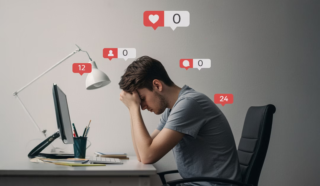 A frustrated young man struggling with low engagement on social media, with zero likes and comments. Social media marketing in Thrissur can help businesses avoid this situation and boost their online presence.