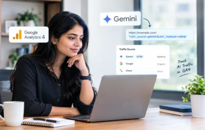 digital-marketing-updates Woman analyzing Gemini UTM tracking and Google Analytics 4 traffic sources on a laptop to identify AI-driven website traffic.