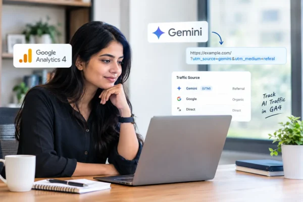 Woman analyzing Gemini UTM tracking and Google Analytics 4 traffic sources on a laptop to identify AI-driven website traffic.