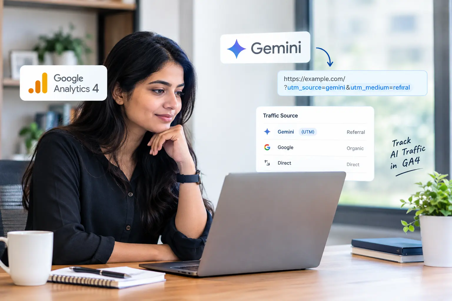 digital-marketing-updates Woman analyzing Gemini UTM tracking and Google Analytics 4 traffic sources on a laptop to identify AI-driven website traffic.