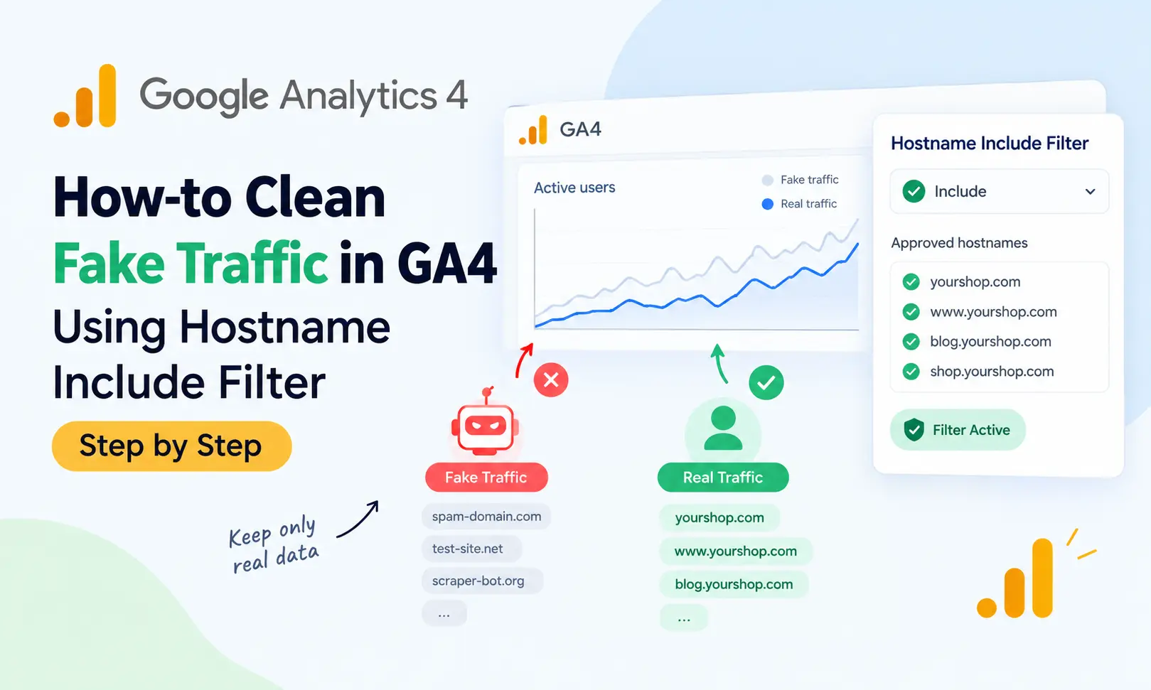 how-to-clean-fake-traffic-in-ga4 Google Analytics 4 hostname include filter for cleaning fake traffic and keeping real website traffic data